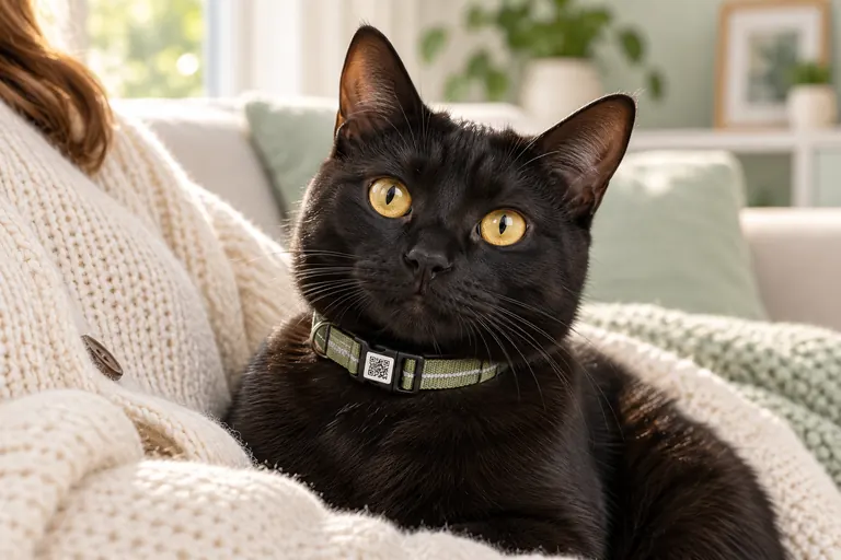 Gato negro con collar verde descansando en el regazo de su responsable. Imagen ilustrativa.